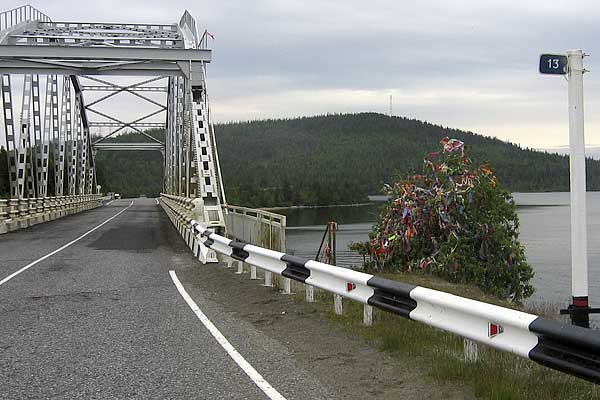 мост через пролив Экостровский. рядом свадебное дерево, на котрое традиционно вешают цветные ленточки